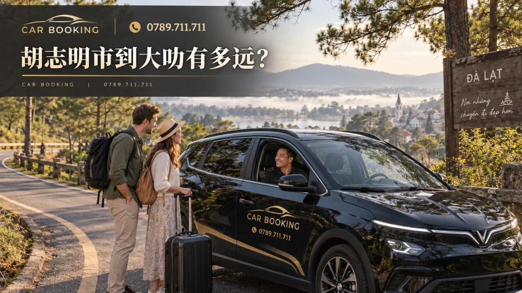 胡志明市到大叻：文章标题设计，Car Booking车辆与旅客示意图