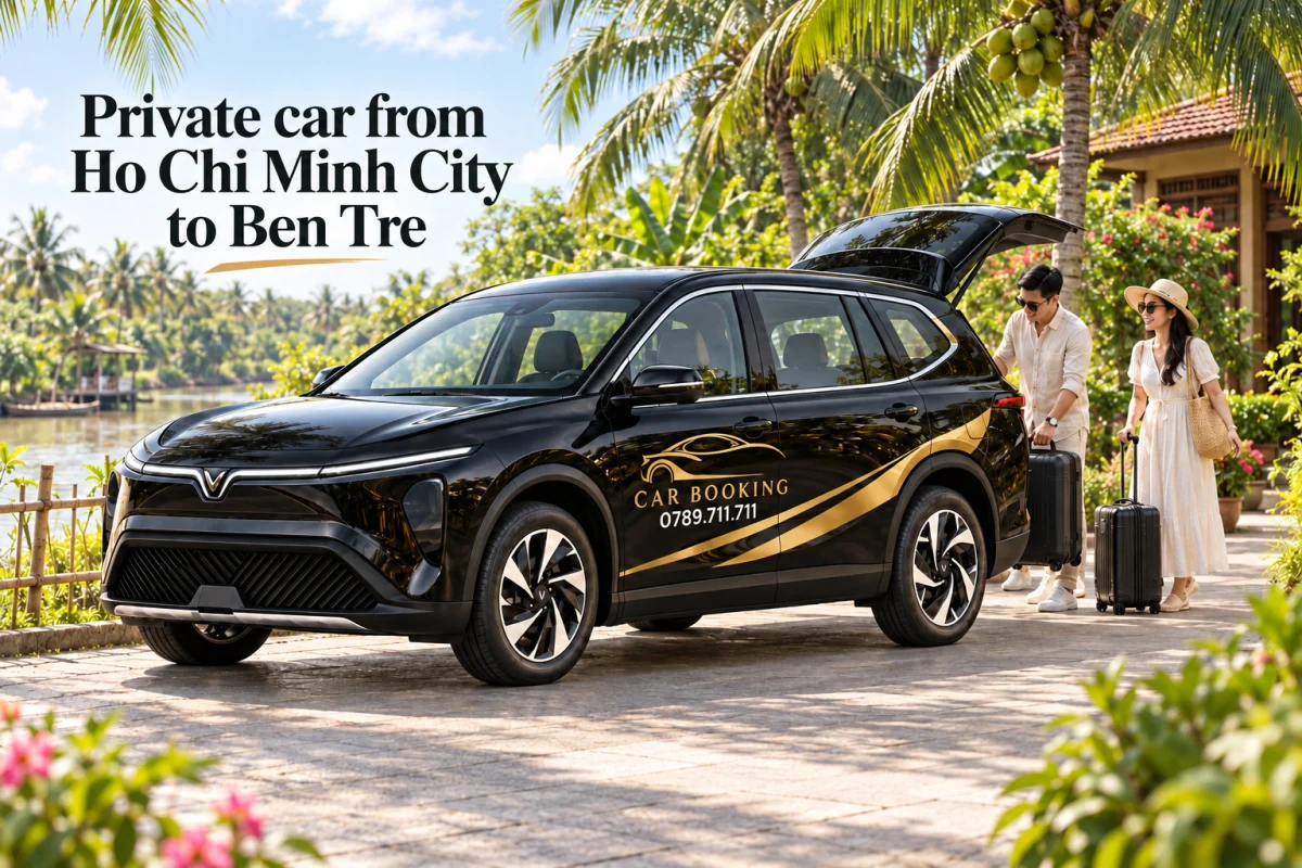 AI示意图：游客与黑色CAR BOOKING VinFast Limo Green位于果园住宿处，英文标题为Private car from Ho Chi Minh City to Ben Tre。