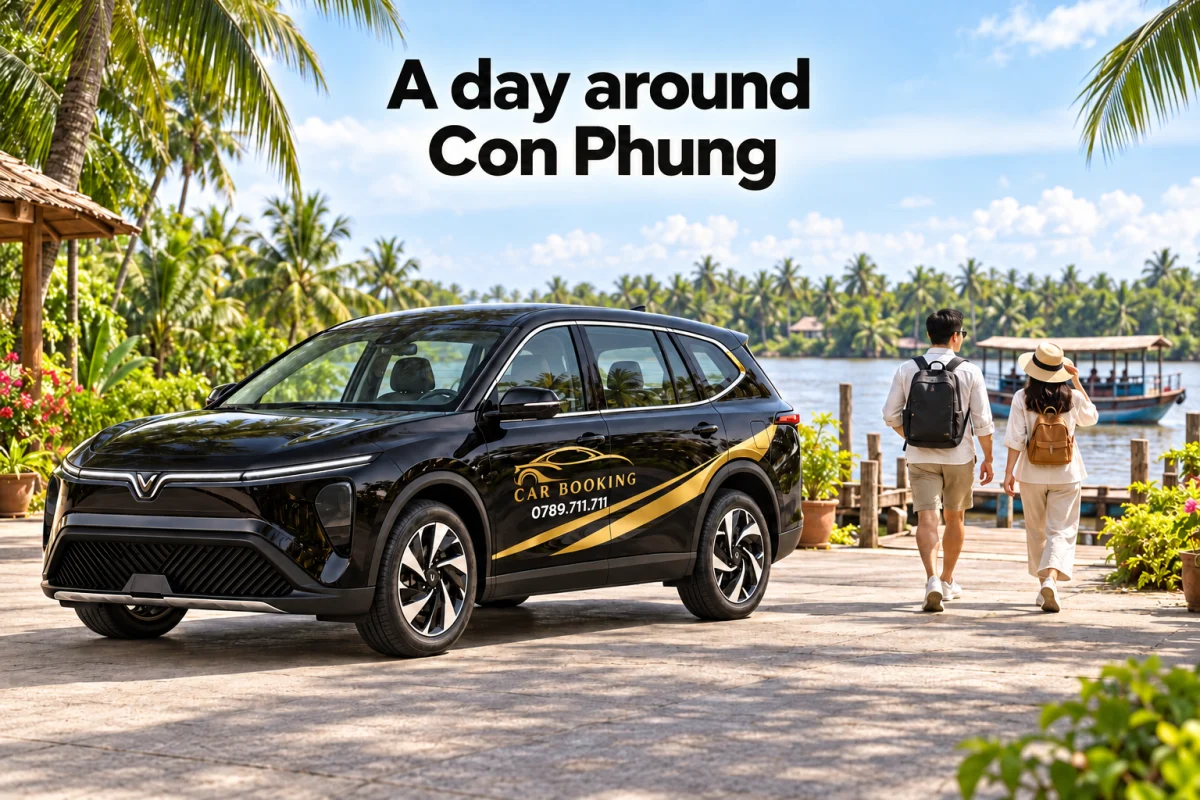 AI示意图：游客走向客船，黑色CAR BOOKING VinFast Limo Green停在陆上铺装地面，英文标题为A day around Con Phung。