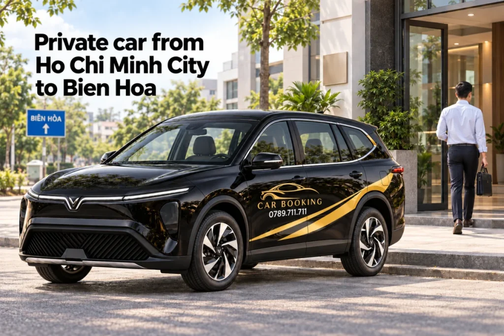 黒いCAR BOOKINGのVinFast Limo Greenで事務所へ到着するビジネス旅行者のAI生成イメージ。英語見出しはPrivate car from Ho Chi Minh City to Bien Hoa。
