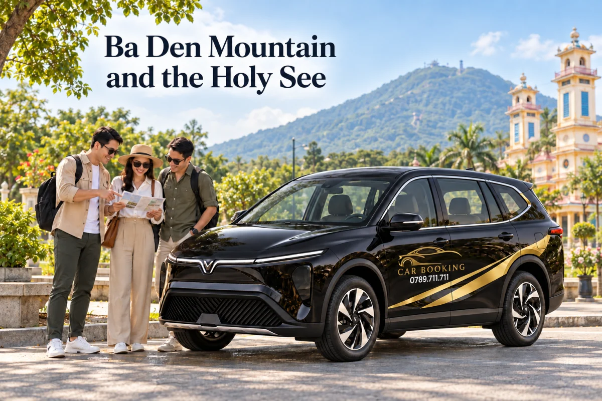 黒いCAR BOOKINGのVinFast Limo Greenの横で三人が予定を確認するAI生成イメージ。英語見出しはBa Den Mountain and the Holy See。