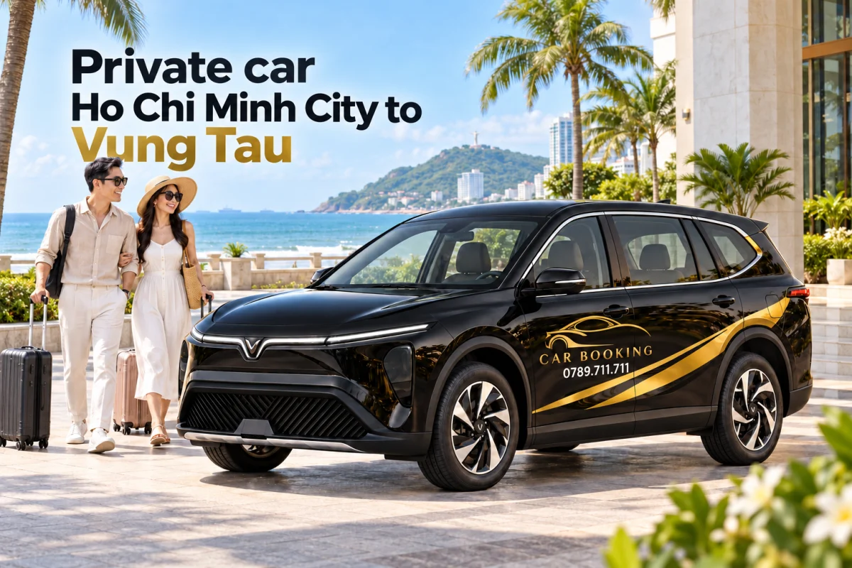 AI illustration of travelers beside a black CAR BOOKING VinFast Limo Green at a coastal hotel, with the English headline Private car Ho Chi Minh City to Vung Tau.