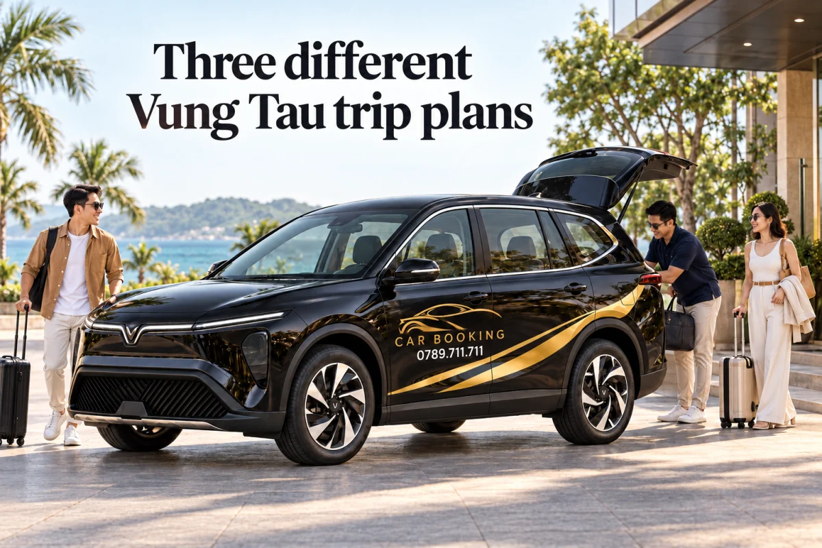 AI illustration of a group gathering luggage beside a black CAR BOOKING VinFast Limo Green at a coastal venue; English headline Three different Vung Tau trip plans.
