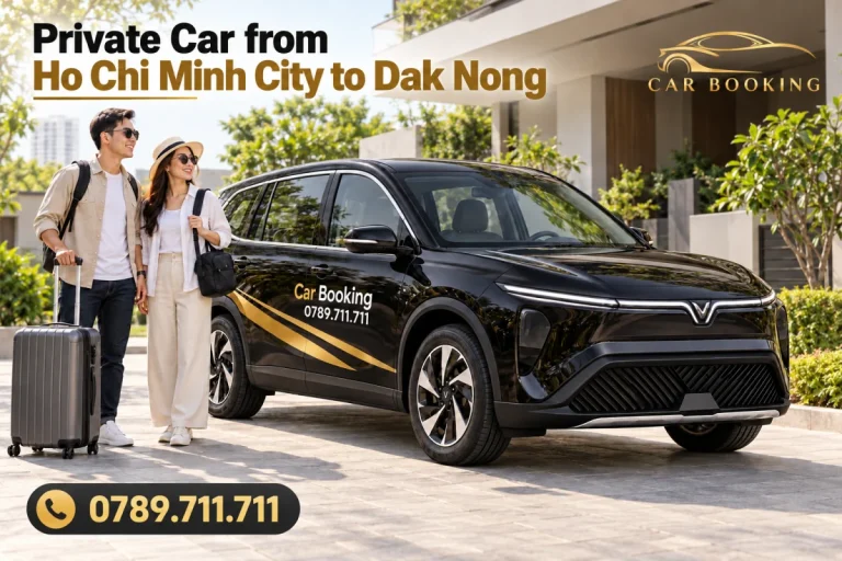 AI illustration of a black VinFast Limo Green with the English heading Private Car from Ho Chi Minh City to Dak Nong