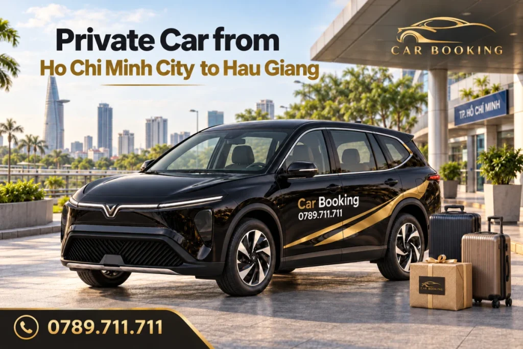 AI illustration of a black VinFast Limo Green with suitcases, a gift carton and the English heading Private Car from Ho Chi Minh City to Hau Giang