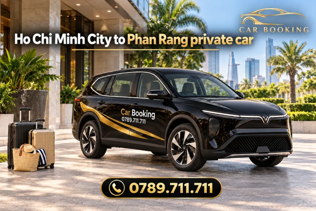 Иллюстрация ИИ: чёрный Limo Green Car Booking с английским заголовком о поездке из Хошимина в Фанранг.