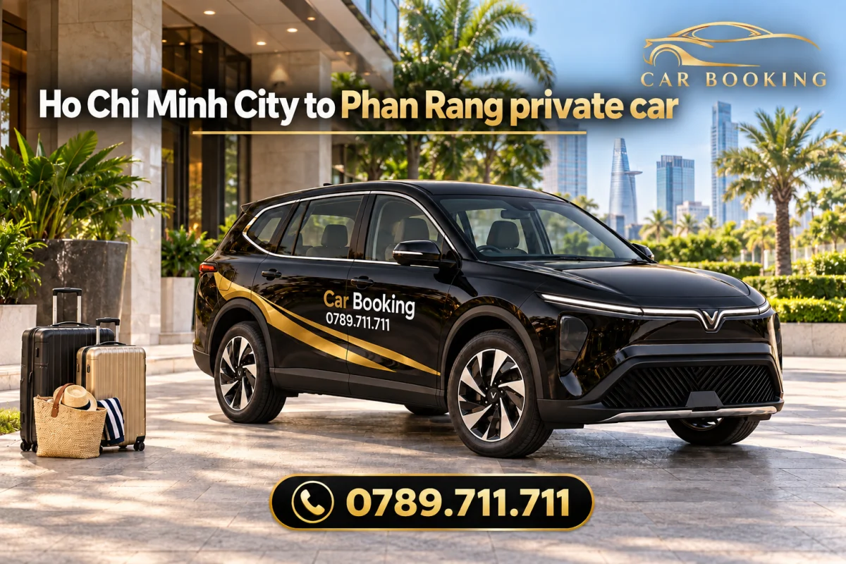 Иллюстрация ИИ: чёрный Limo Green Car Booking с английским заголовком о поездке из Хошимина в Фанранг.