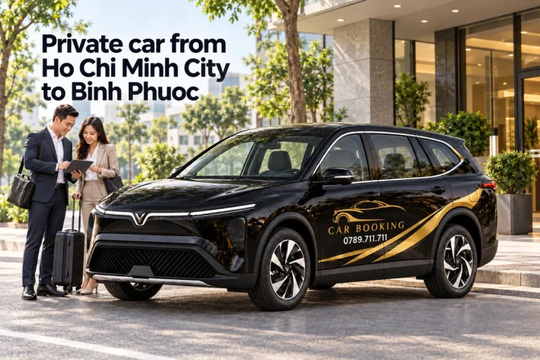 AI illustration of business travelers and a black CAR BOOKING VinFast Limo Green at a city hotel; English headline Private car from Ho Chi Minh City to Binh Phuoc.