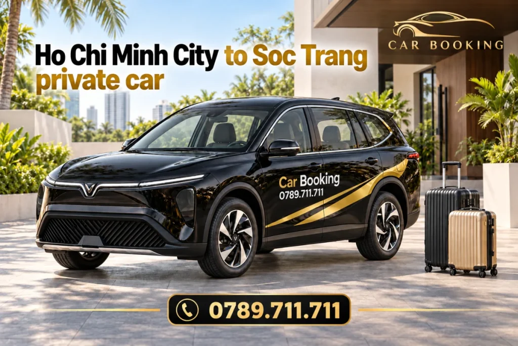AI示意图：黑色Car Booking Limo Green，画面用英文标示胡志明市至朔庄专车主题。
