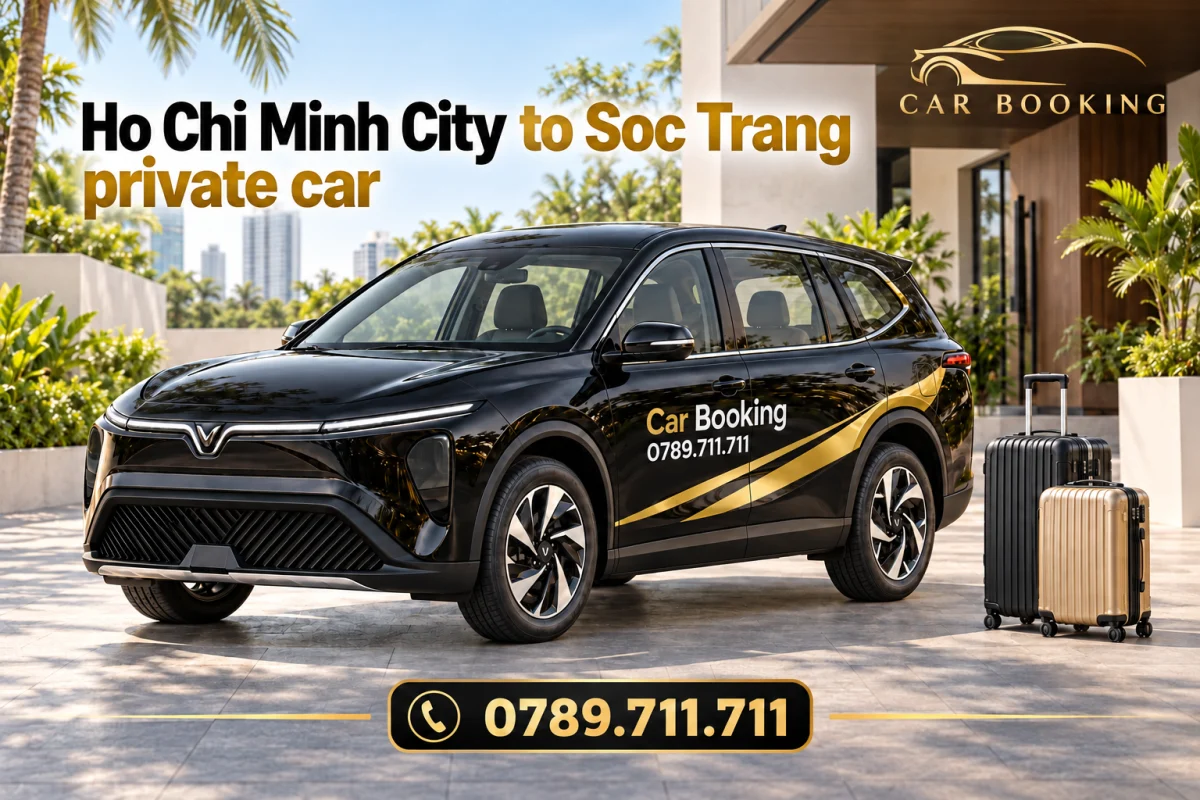 AI示意图：黑色Car Booking Limo Green，画面用英文标示胡志明市至朔庄专车主题。