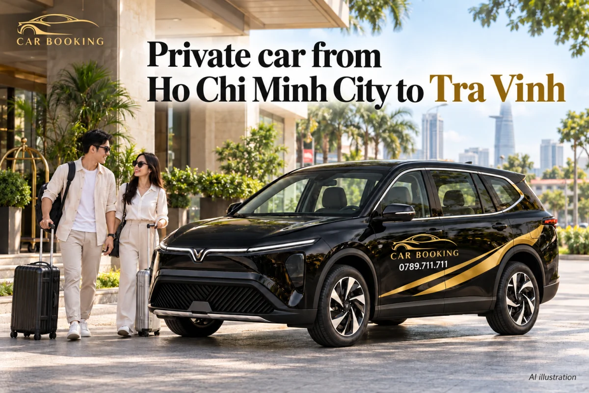 Иллюстрация ИИ: черный VinFast Limo Green с золотым логотипом CAR BOOKING и английским заголовком Private car from Ho Chi Minh City to Tra Vinh.