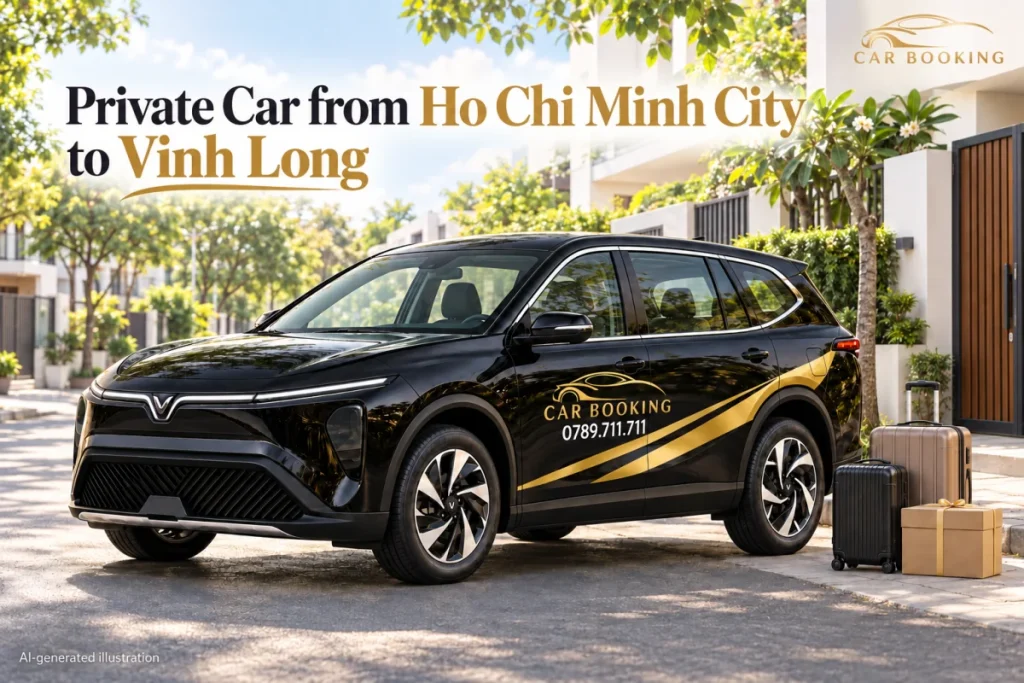 黑色VinFast Limo Green的AI示意图，英文标题说明胡志明市至永隆的行程