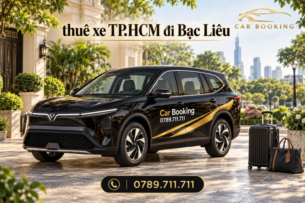 Ảnh minh họa VinFast Limo Green đen Car Booking tại điểm đón TP.HCM, có dòng chữ thuê xe TP.HCM đi Bạc Liêu