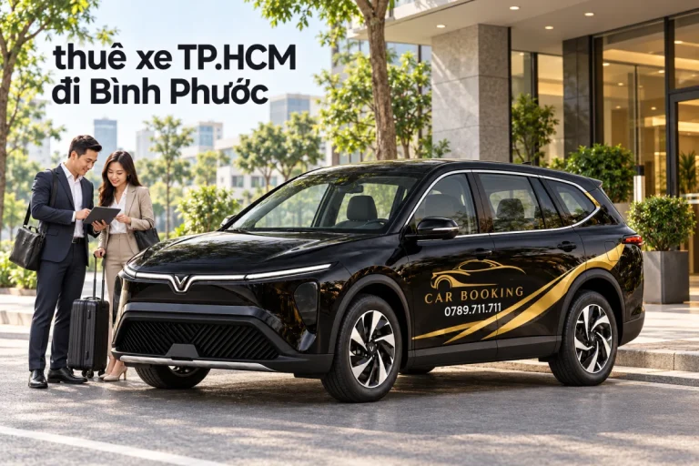 Ảnh minh họa AI: xe VinFast Limo Green đen có logo CAR BOOKING và hotline 0789.711.711, hai khách công tác cùng vali xem kế hoạch trước một nơi lưu trú đô thị; ảnh có chữ thuê xe TP.HCM đi Bình Phước.
