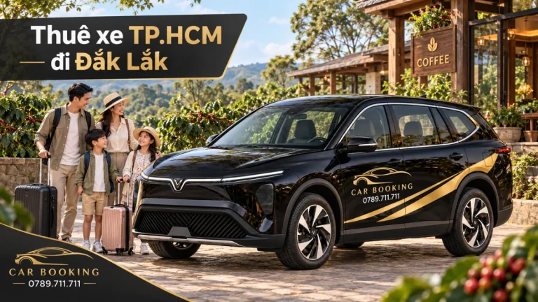 Ảnh minh họa AI xe VinFast Limo Green đen cùng gia đình tại sân nhà nghỉ phong cách cao nguyên, có dòng chữ Thuê xe TP.HCM đi Đắk Lắk