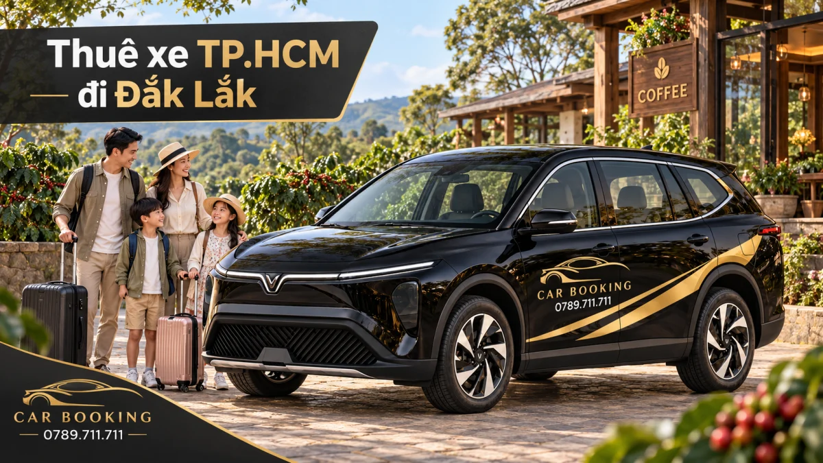 Ảnh minh họa AI xe VinFast Limo Green đen cùng gia đình tại sân nhà nghỉ phong cách cao nguyên, có dòng chữ Thuê xe TP.HCM đi Đắk Lắk