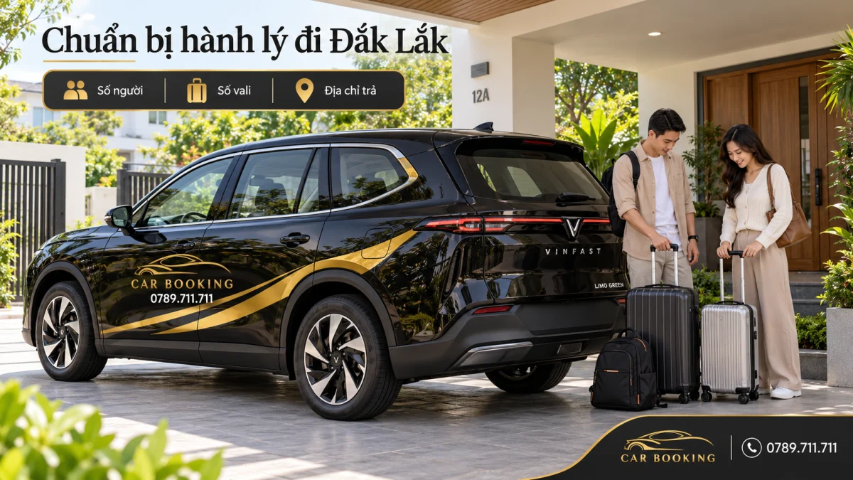 Ảnh minh họa AI xe VinFast Limo Green đen tại điểm đón TP.HCM, vali và ba lô chuẩn bị cho chuyến Đắk Lắk