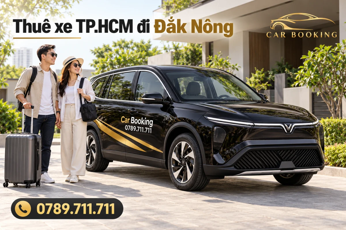 Minh họa VinFast Limo Green đen cùng vali và túi máy ảnh tại TP.HCM, có dòng chữ thuê xe TP.HCM đi Đắk Nông