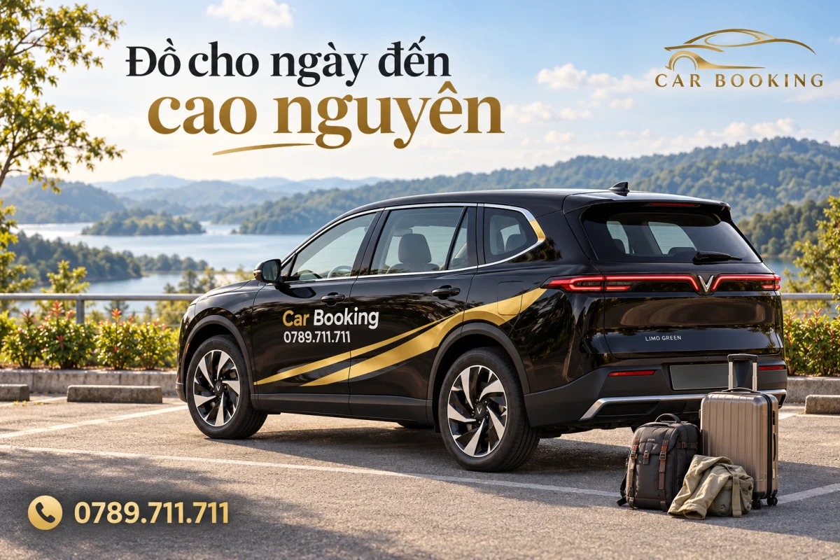 Minh họa VinFast Limo Green đen ở sân đón cùng vali và túi dùng trên đường, cảnh hồ cao nguyên ở xa
