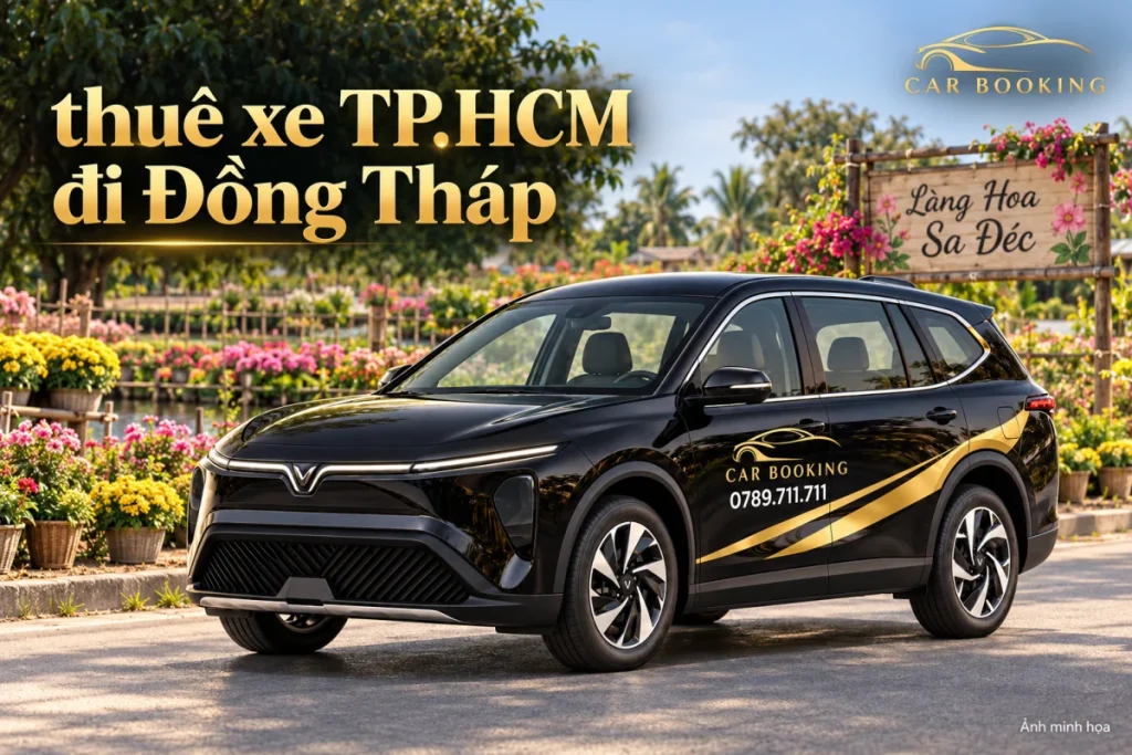Ảnh minh họa xe Limo Green đen Car Booking với dòng chữ thuê xe TP.HCM đi Đồng Tháp bên vườn cây kiểng.