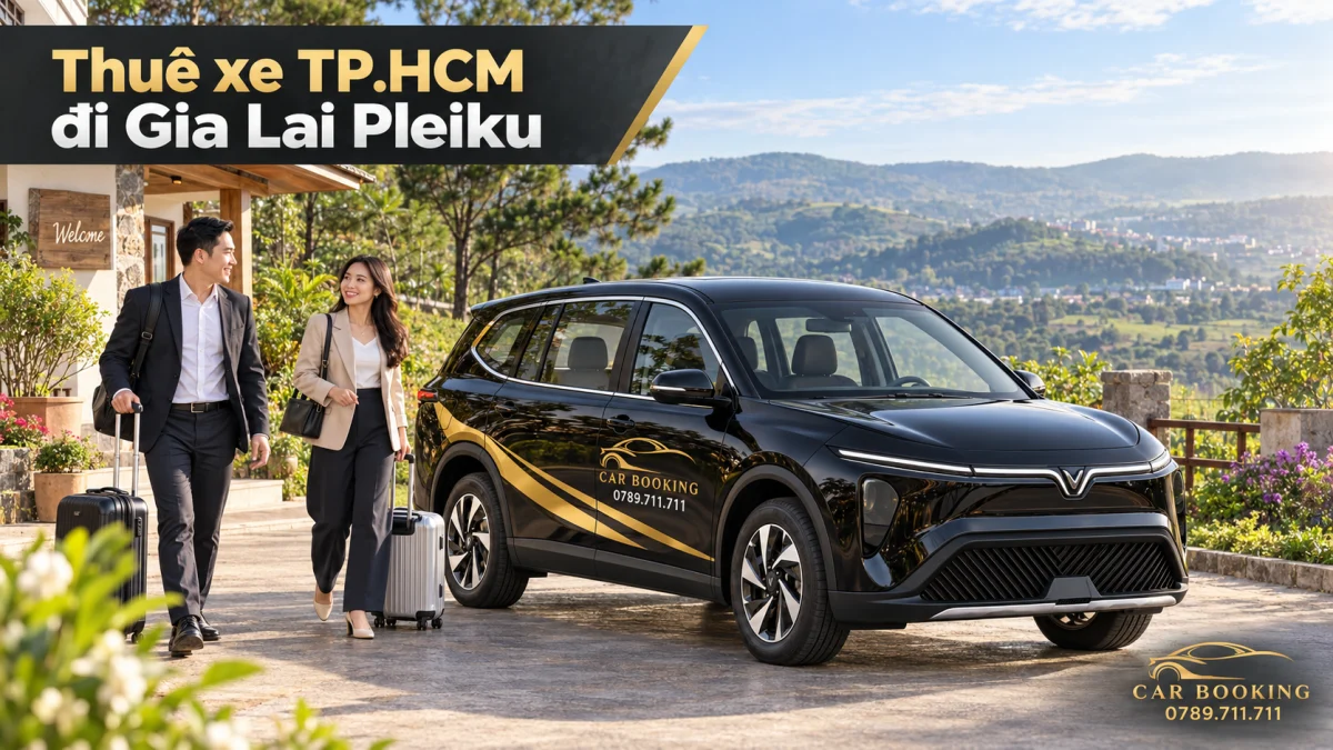 Ảnh minh họa AI xe VinFast Limo Green đen cùng khách tại sân đón phong cách Pleiku, có dòng chữ Thuê xe TP.HCM đi Gia Lai Pleiku