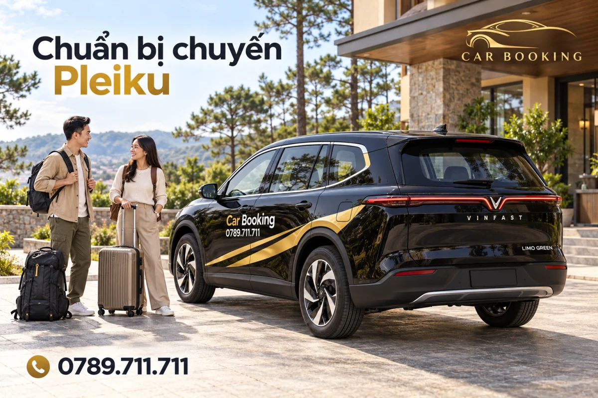 Ảnh minh họa AI xe VinFast Limo Green đen cùng hai khách và hành lý tại sân khách sạn phong cách cao nguyên