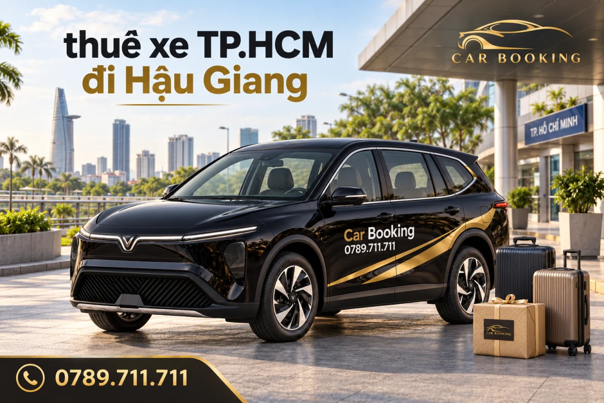 Ảnh minh họa VinFast Limo Green đen Car Booking tại điểm đón TP.HCM, có dòng chữ thuê xe TP.HCM đi Hậu Giang