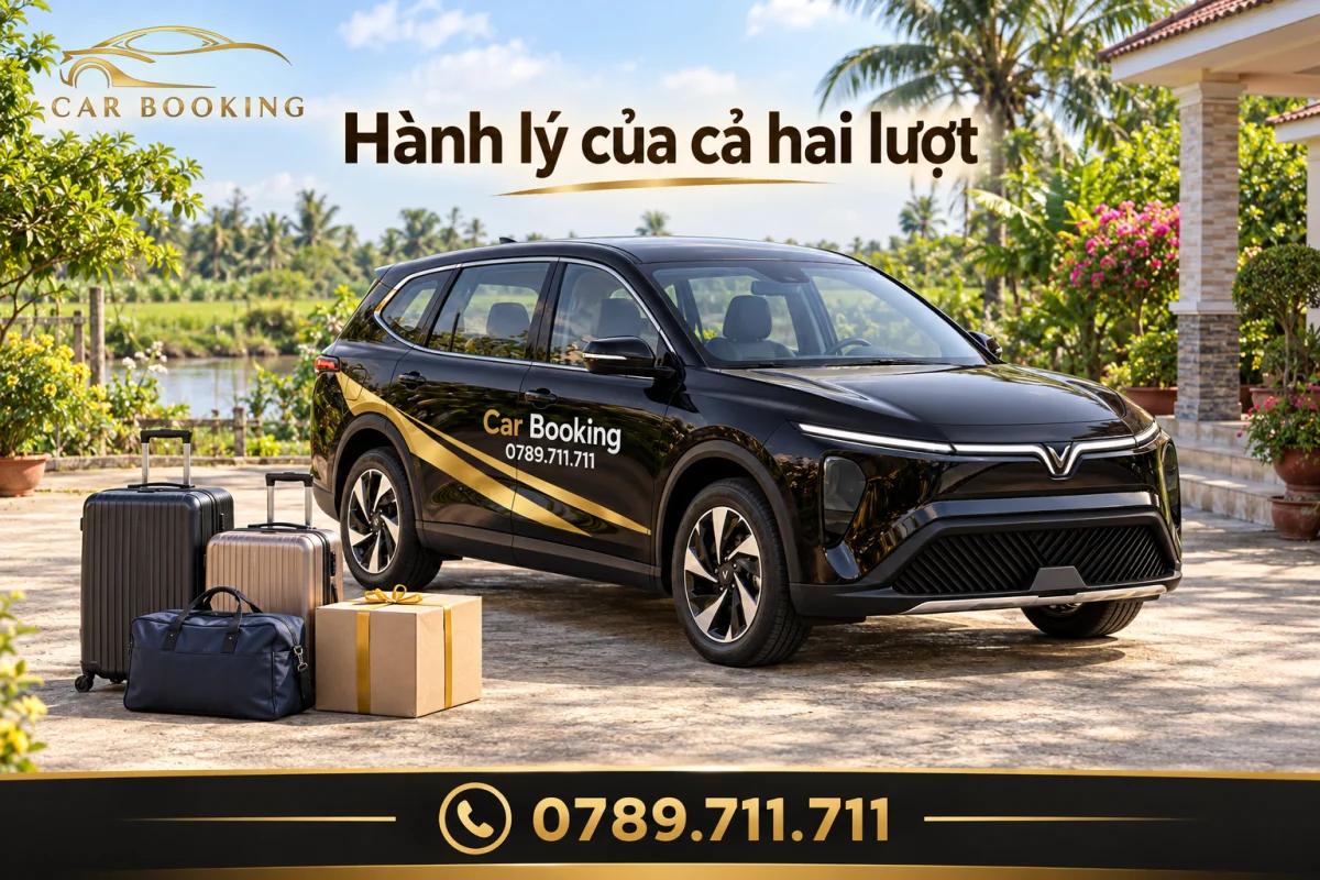 Minh họa VinFast Limo Green đen Car Booking tại sân nhà miền Tây, cạnh hành lý và thùng quà được đóng gọn