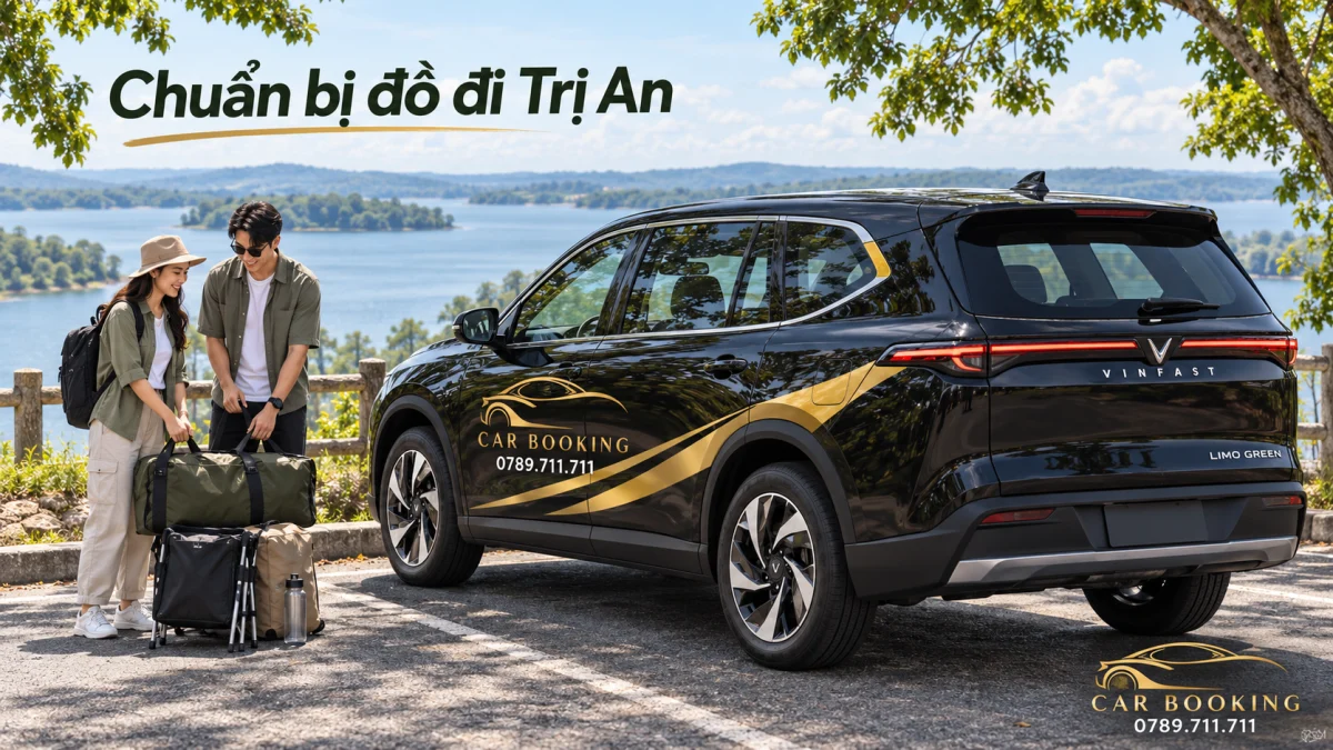 Minh họa VinFast Limo Green đen ở bãi đỗ cùng túi và đồ cắm trại đã đóng gọn cho chuyến Trị An