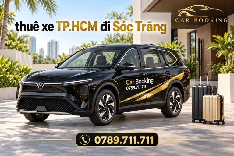 Ảnh minh họa VinFast Limo Green đen Car Booking tại điểm đón TP.HCM, có dòng chữ thuê xe TP.HCM đi Sóc Trăng