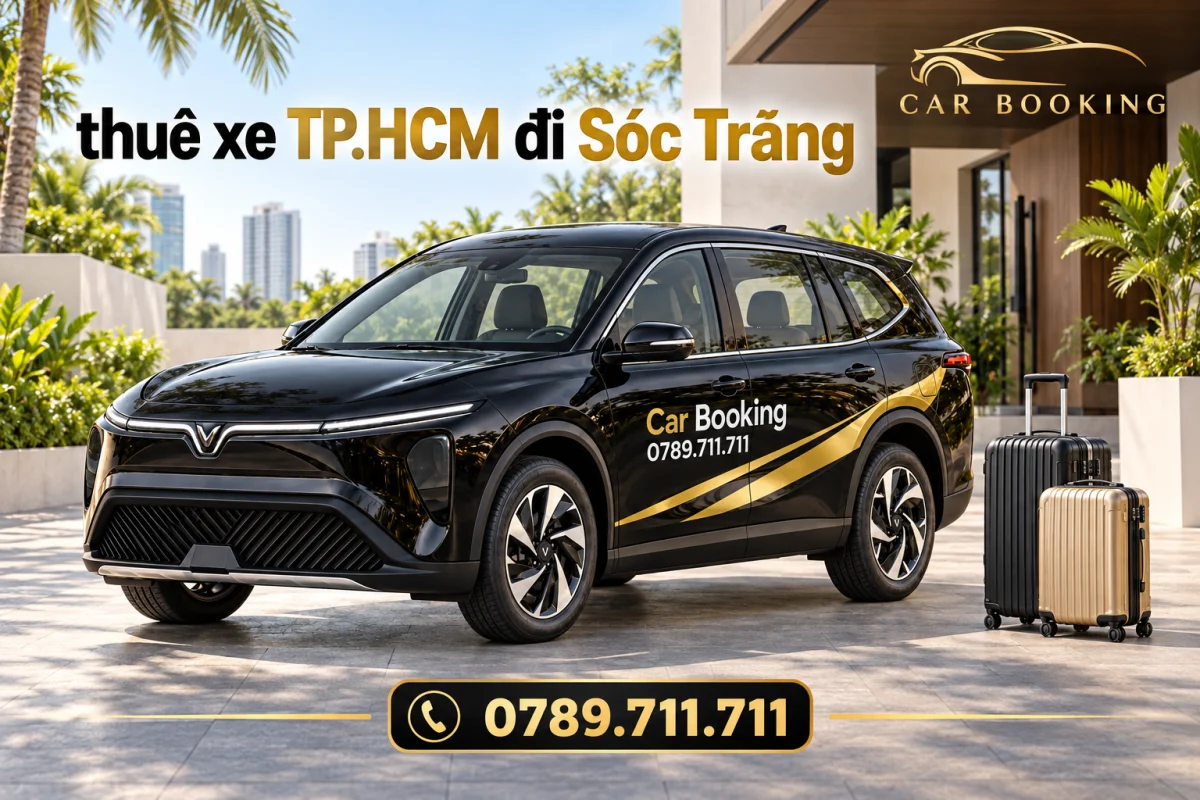Ảnh minh họa VinFast Limo Green đen Car Booking tại điểm đón TP.HCM, có dòng chữ thuê xe TP.HCM đi Sóc Trăng