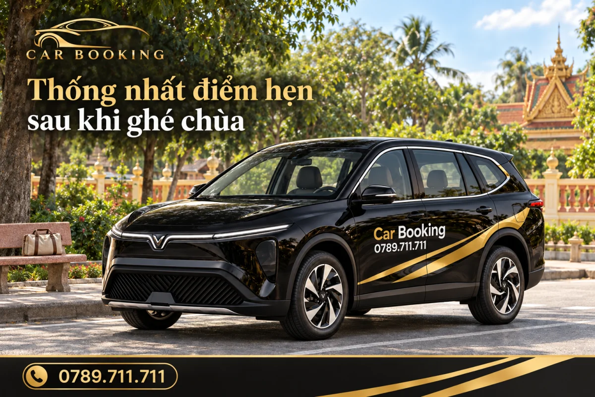 Minh họa VinFast Limo Green đen Car Booking ở điểm hẹn đường bộ ngoài khuôn viên kiến trúc Khmer