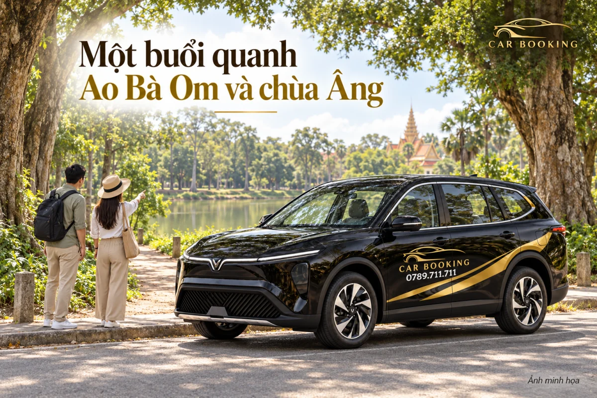 Ảnh minh họa xe CAR BOOKING ở điểm dừng rợp cây, gợi lịch đi bộ quanh Ao Bà Om và chùa Âng.