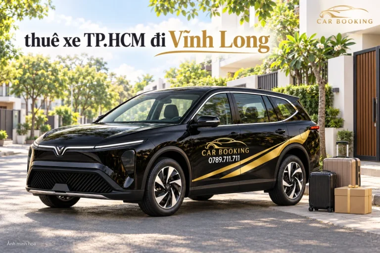Ảnh minh họa xe Limo Green đen CAR BOOKING cùng vali và thùng quà tại điểm đón TP.HCM, có dòng chữ thuê xe TP.HCM đi Vĩnh Long.