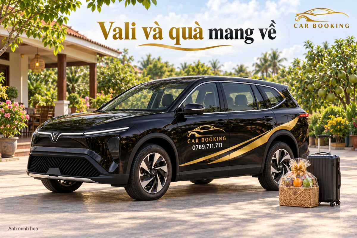 Ảnh minh họa xe Limo Green đen CAR BOOKING cùng vali và giỏ quà bọc kín tại sân đón mang cảm hứng nhà vườn, với dòng chữ Vali và quà mang về.