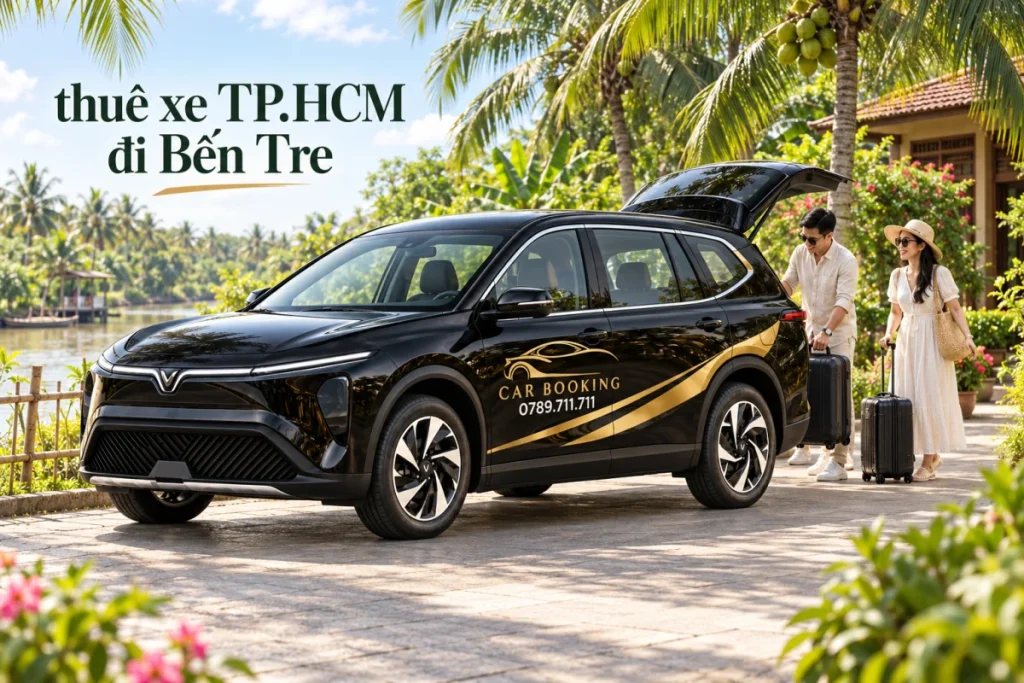 Ảnh minh họa AI: xe VinFast Limo Green đen có logo CAR BOOKING và hotline 0789.711.711, hai khách cùng vali tại lối đón của nhà vườn có hàng dừa; ảnh có chữ thuê xe TP.HCM đi Bến Tre.