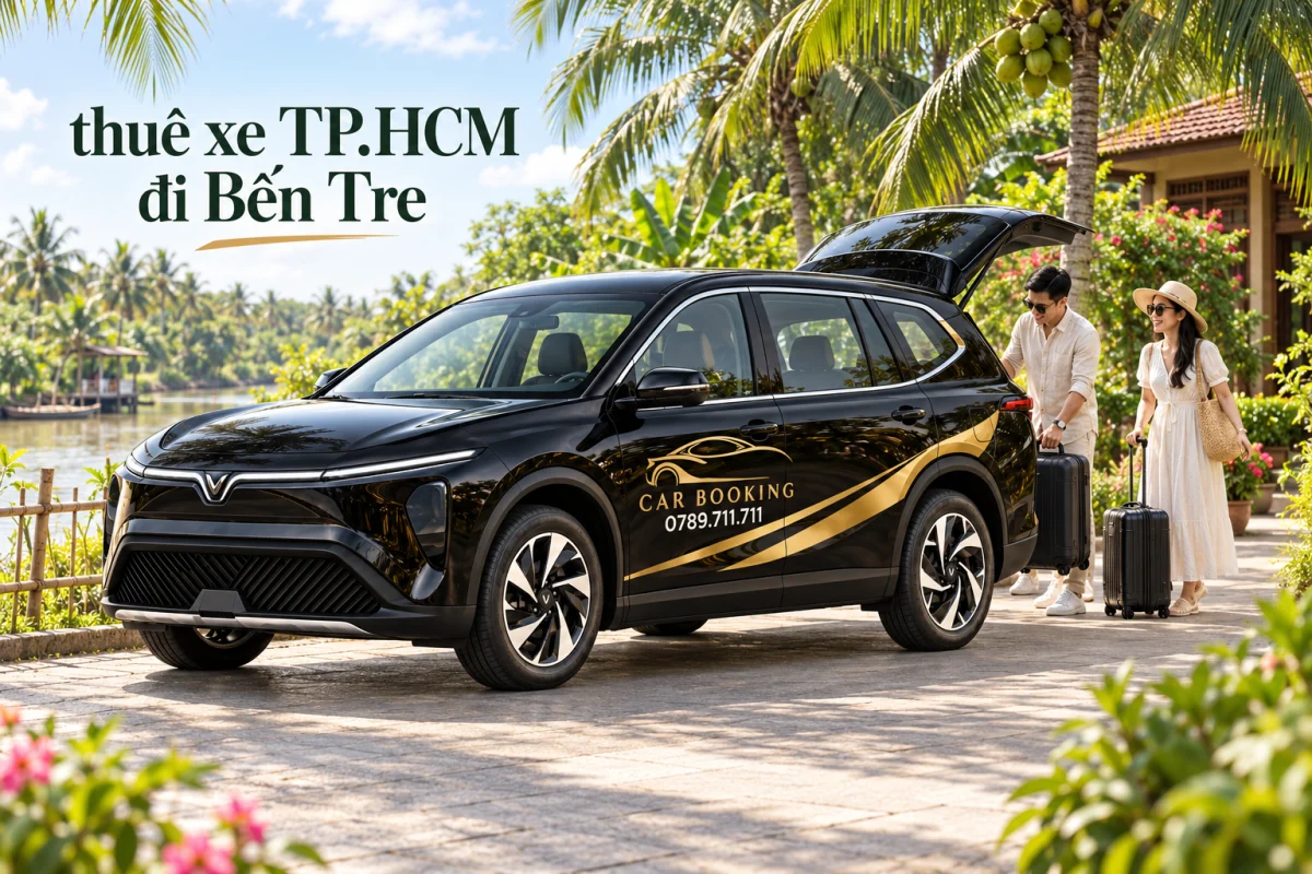 Ảnh minh họa AI: xe VinFast Limo Green đen có logo CAR BOOKING và hotline 0789.711.711, hai khách cùng vali tại lối đón của nhà vườn có hàng dừa; ảnh có chữ thuê xe TP.HCM đi Bến Tre.