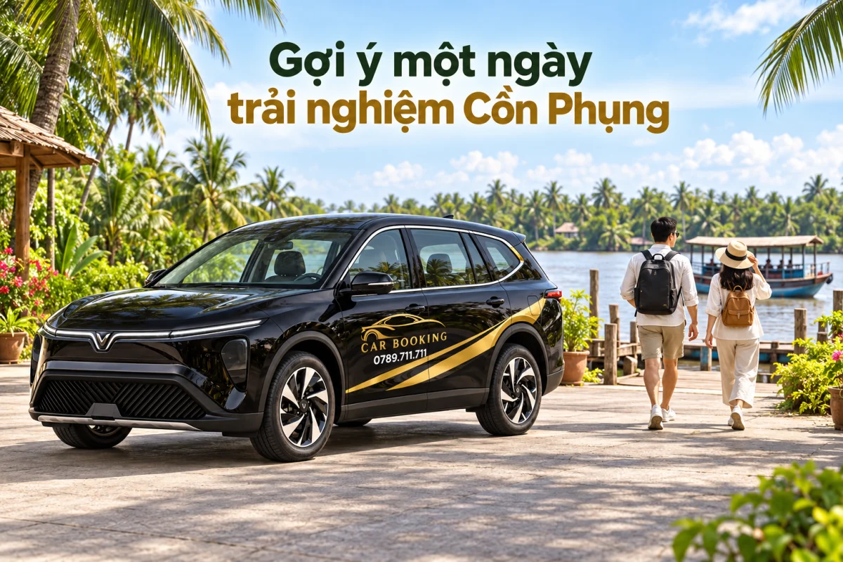 Ảnh minh họa AI: xe VinFast Limo Green đen có logo CAR BOOKING và hotline 0789.711.711, hai người mang túi đi về phía điểm đón thuyền, xe đứng trên sân lát cạnh sông; ảnh có chữ Gợi ý một ngày trải nghiệm Cồn Phụng.