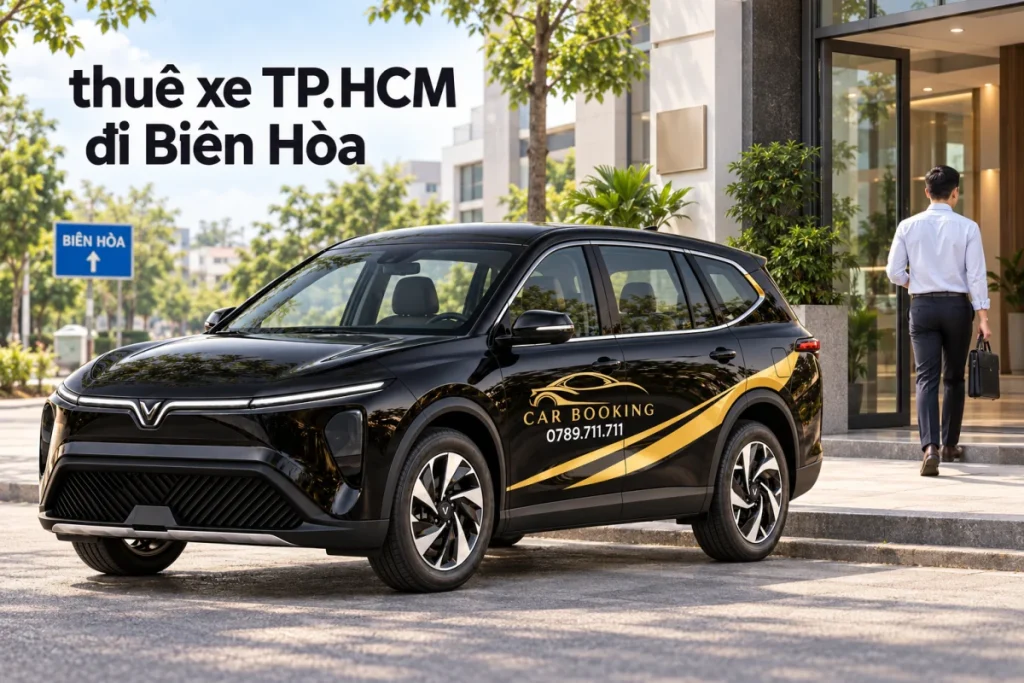 Ảnh minh họa AI: xe VinFast Limo Green đen có logo CAR BOOKING và hotline 0789.711.711, một người mang túi hồ sơ đi vào cửa văn phòng gần nơi xe dừng; ảnh có chữ thuê xe TP.HCM đi Biên Hòa.