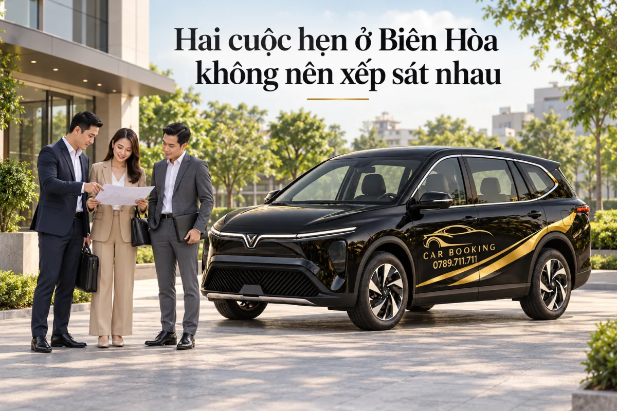 Ảnh minh họa AI: xe VinFast Limo Green đen có logo CAR BOOKING và hotline 0789.711.711, ba đồng nghiệp cùng xem kế hoạch bên sân đón của tòa nhà; ảnh có chữ Hai cuộc hẹn ở Biên Hòa không nên xếp sát nhau.