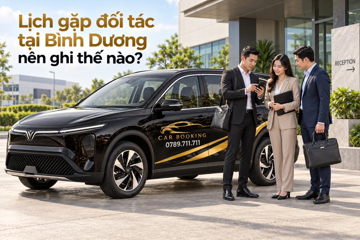 Ảnh minh họa AI: xe VinFast Limo Green đen có logo CAR BOOKING và hotline 0789.711.711, ba người đi công tác xem điện thoại tại khu tiếp khách văn phòng; ảnh có chữ Lịch gặp đối tác tại Bình Dương nên ghi thế nào?.
