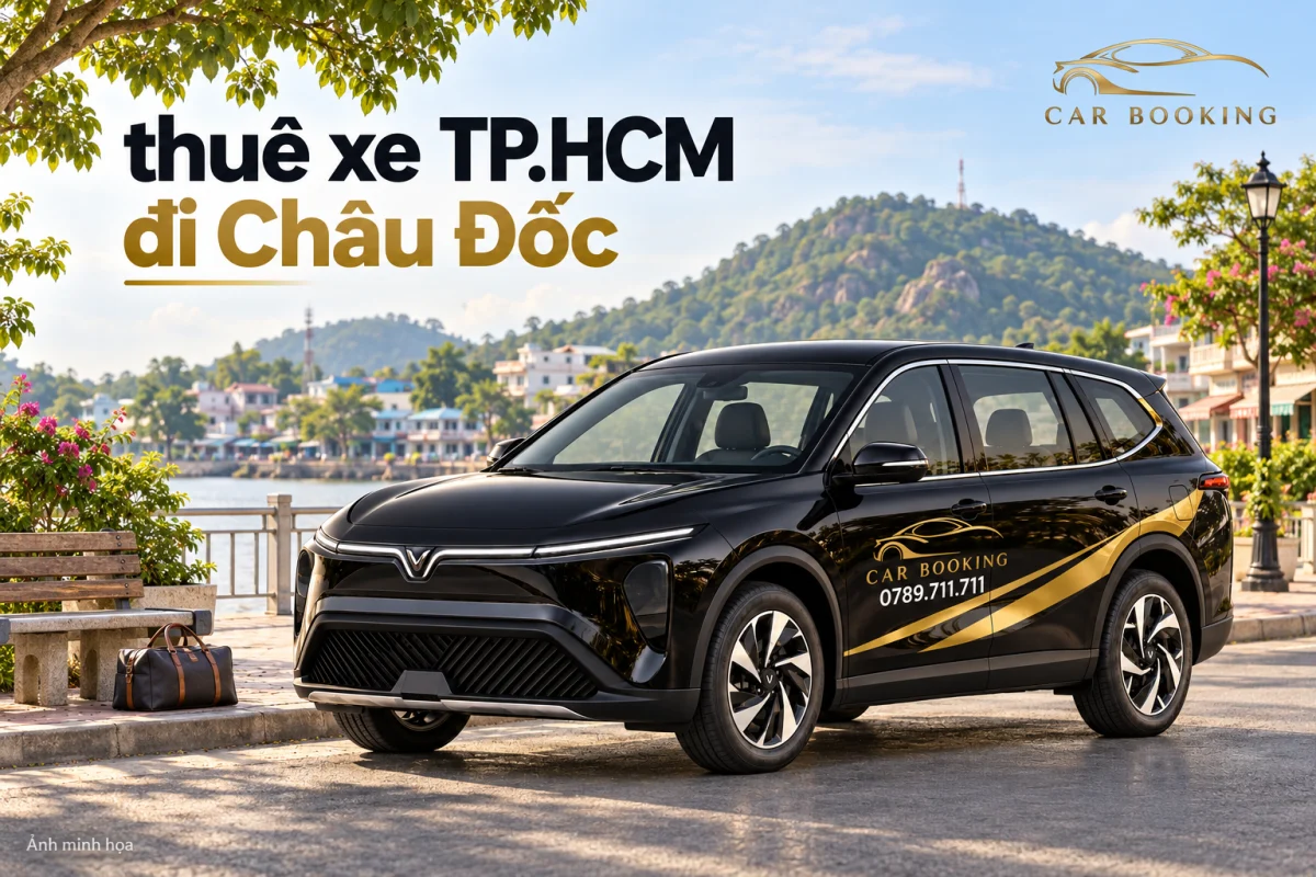 Ảnh minh họa xe Limo Green đen Car Booking với dòng chữ thuê xe TP.HCM đi Châu Đốc, phía xa là dáng đồi và phố.