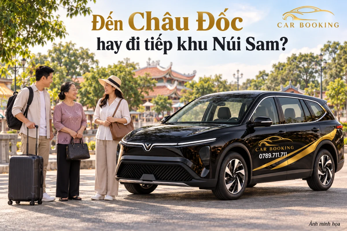 Ảnh minh họa gia đình có người lớn tuổi tập trung cạnh xe Car Booking và hành lý, gợi điểm hẹn sau tham quan khu Núi Sam.