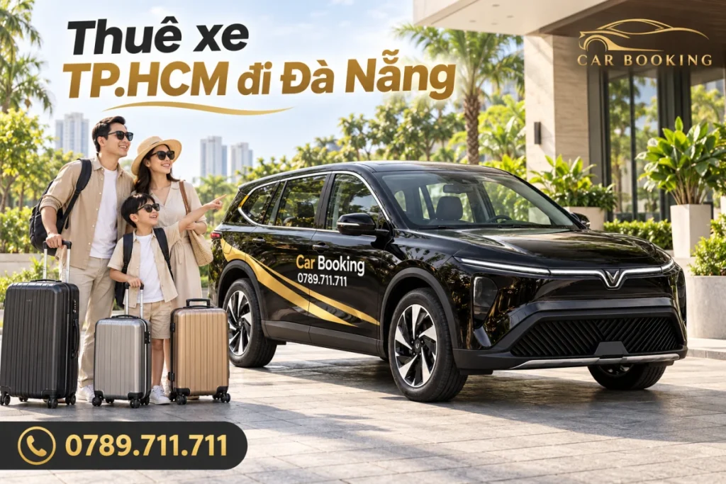 Minh họa VinFast Limo Green đen đón nhóm cùng vali tại TP.HCM, có dòng chữ thuê xe TP.HCM đi Đà Nẵng