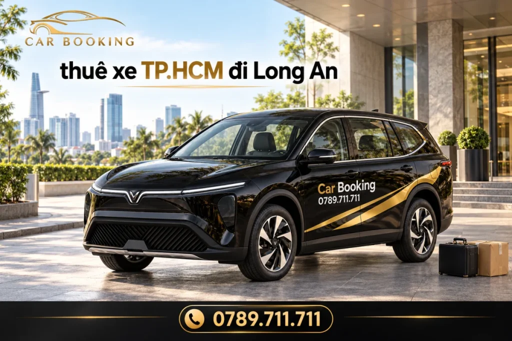 Ảnh minh họa VinFast Limo Green đen Car Booking tại điểm đón TP.HCM, có dòng chữ thuê xe TP.HCM đi Long An