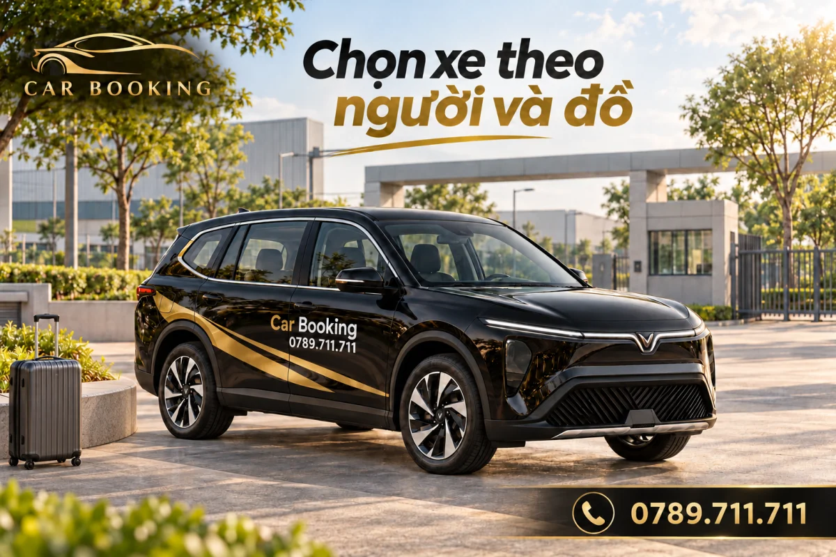 Minh họa VinFast Limo Green đen cùng vali tại khu đón khách bên ngoài cổng cơ sở làm việc