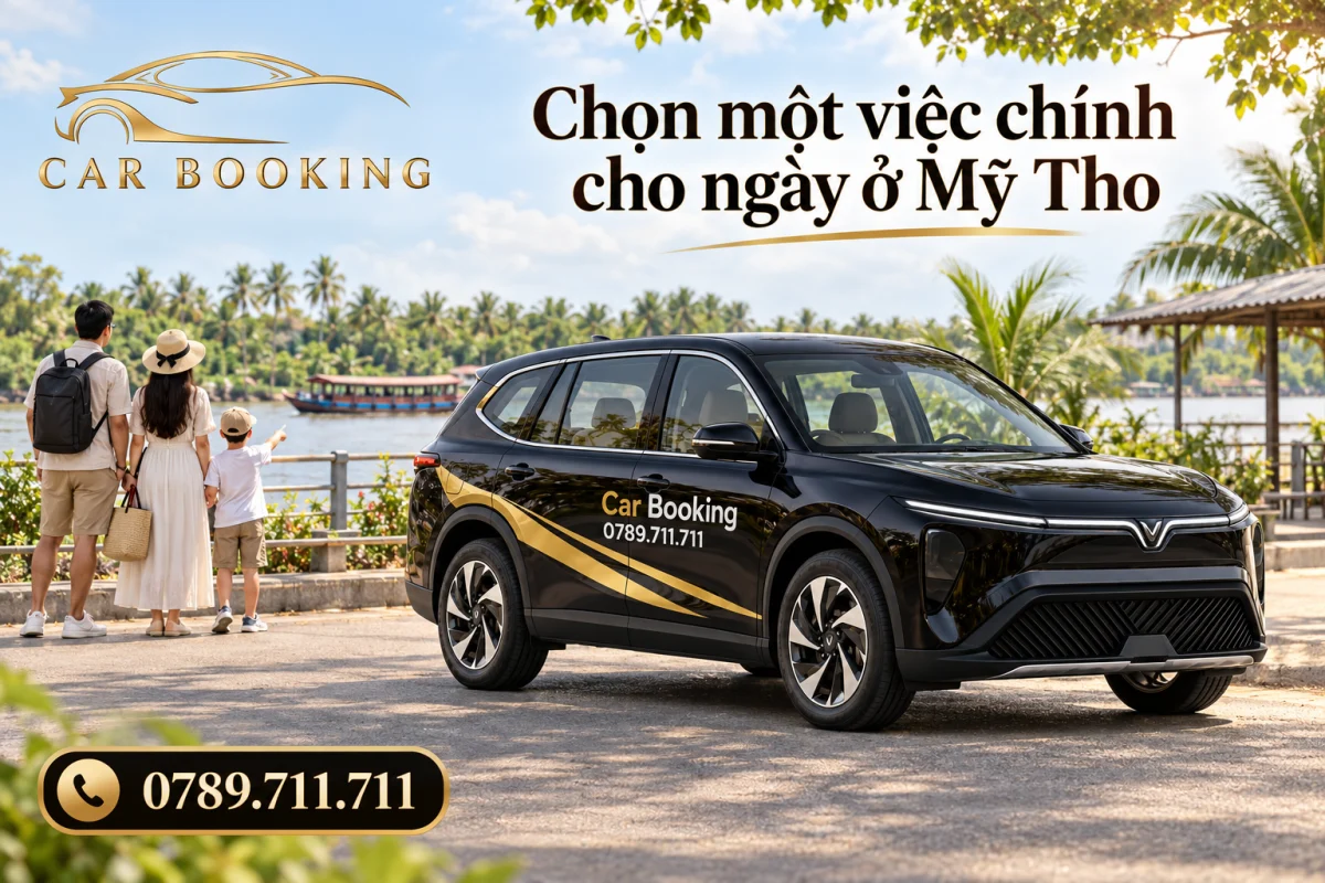Minh họa gia đình với túi nhỏ bên VinFast Limo Green đen Car Booking tại điểm hẹn đường bộ cạnh sông