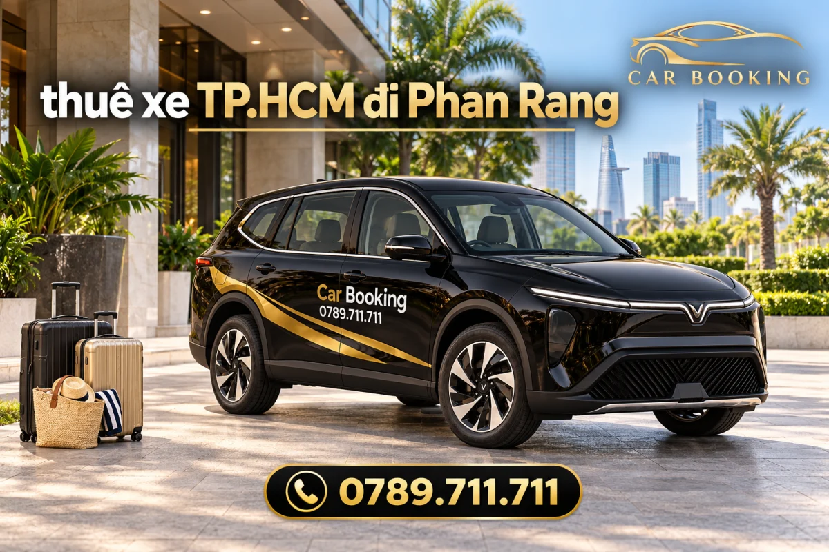 Ảnh minh họa VinFast Limo Green đen Car Booking tại điểm đón TP.HCM, có dòng chữ thuê xe TP.HCM đi Phan Rang