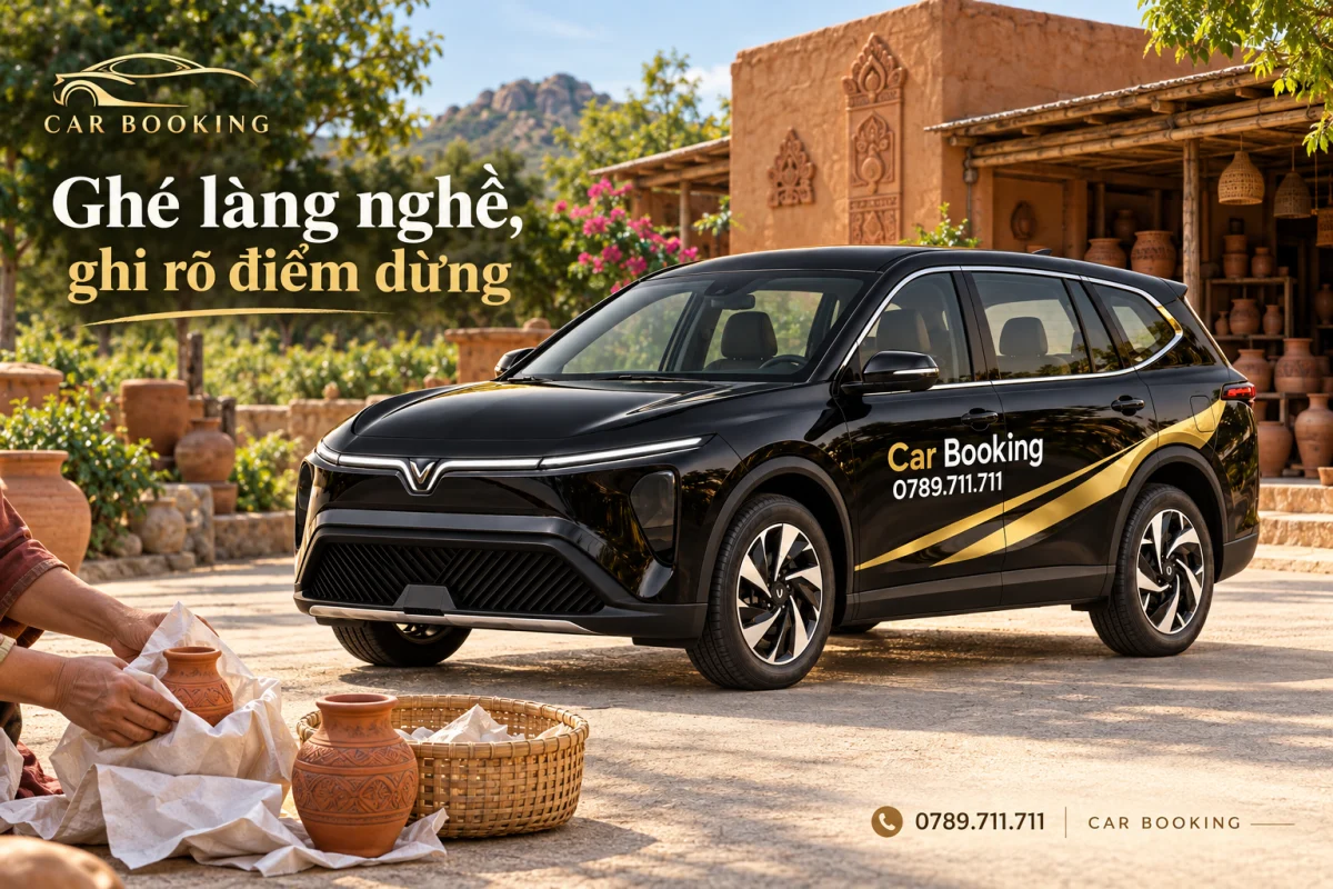 Minh họa đồ gốm được đóng gói và VinFast Limo Green đen Car Booking trên đường ngoài một cơ sở làng nghề