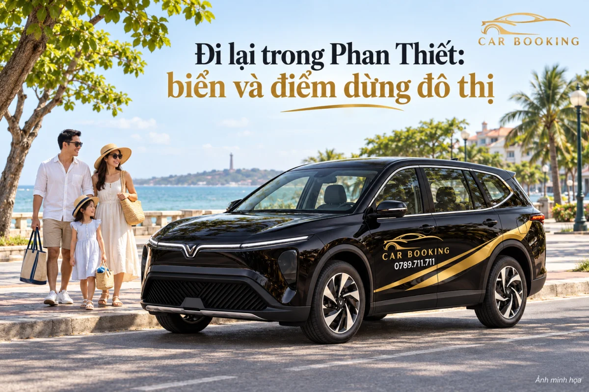 Ảnh minh họa xe Car Booking và gia đình với túi đồ biển tại điểm hẹn cạnh không gian biển đô thị gợi Phan Thiết